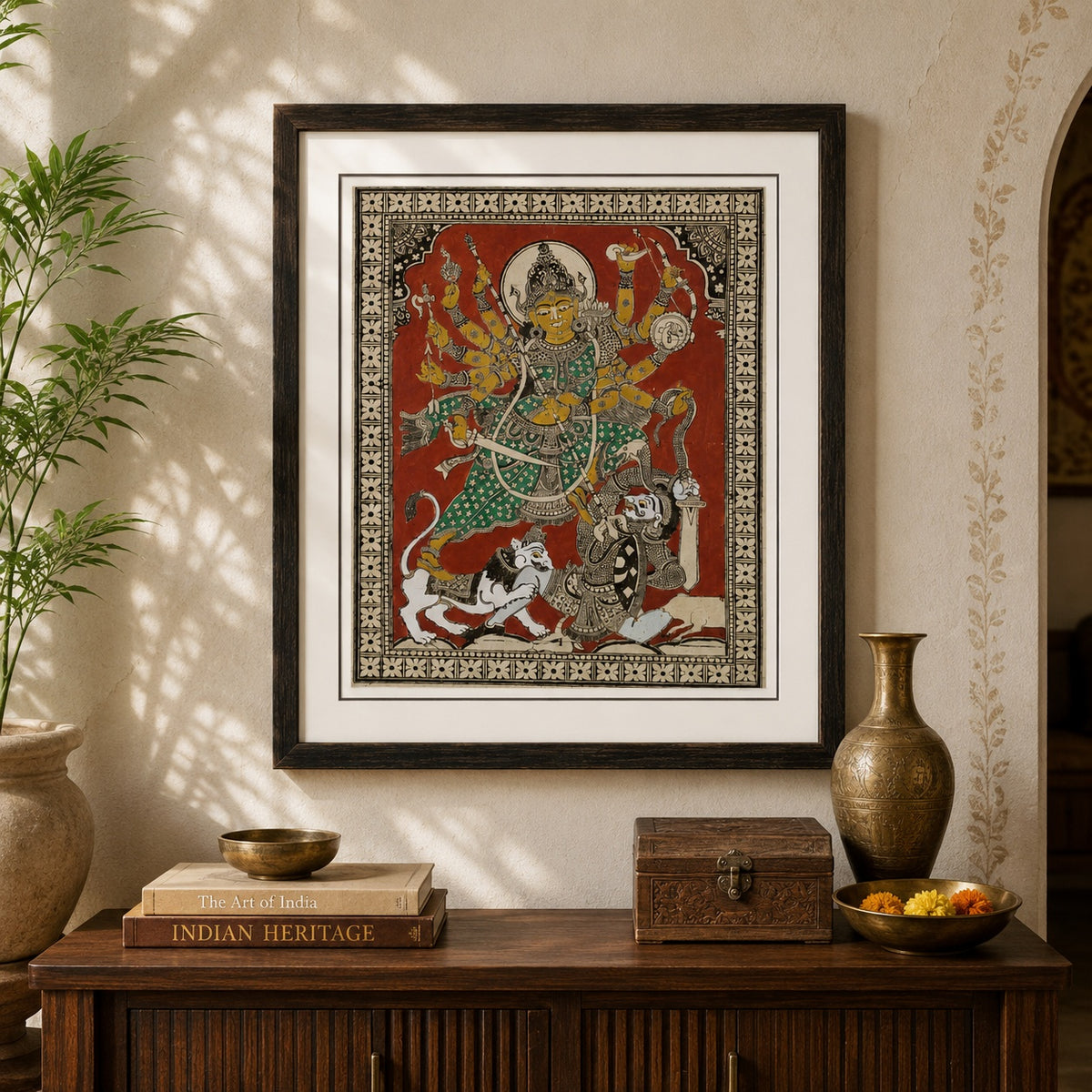 Maa Durga — Mahishasuramardini: Hand-Carved Artwork Using Natural Pigments On Palm-Leaf