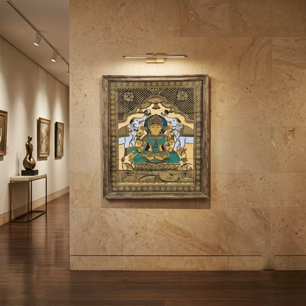 Maa Gaja Lakshmi: Hand-Carved Artwork Using Natural Pigments On Palm-Leaf
