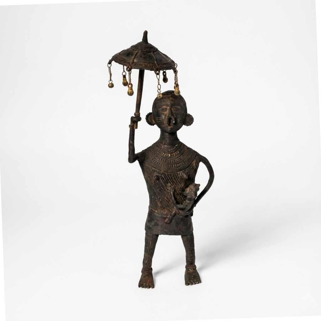 Woman with Baby & Parasol Golden Dhokra Craft | Handmade Bronze Tribal Motherhood Dhokra Sculpture