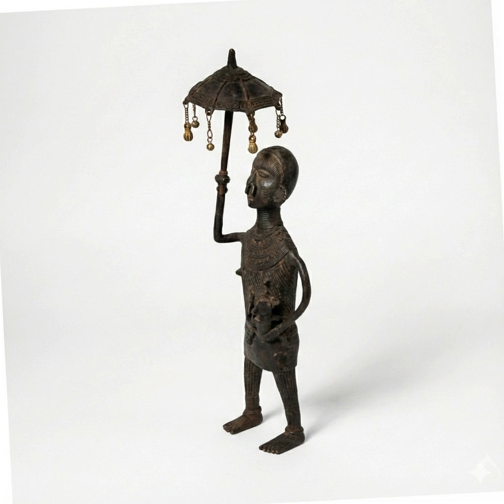 Woman with Baby & Parasol Golden Dhokra Craft | Handmade Bronze Tribal Motherhood Dhokra Sculpture