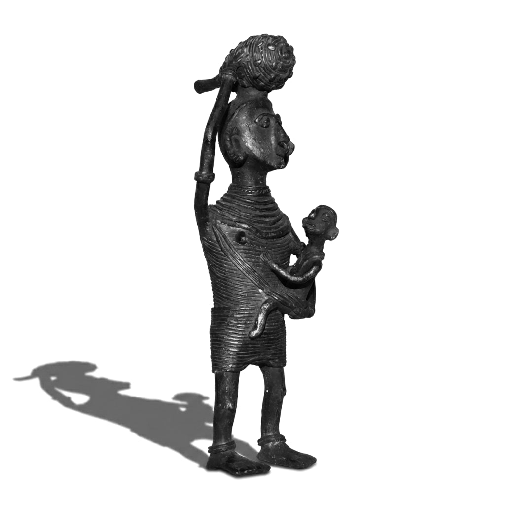 Black Dhokra Woman with Child & Jackfruit Figurine | Tribal Motherhood Bronze Sculpture