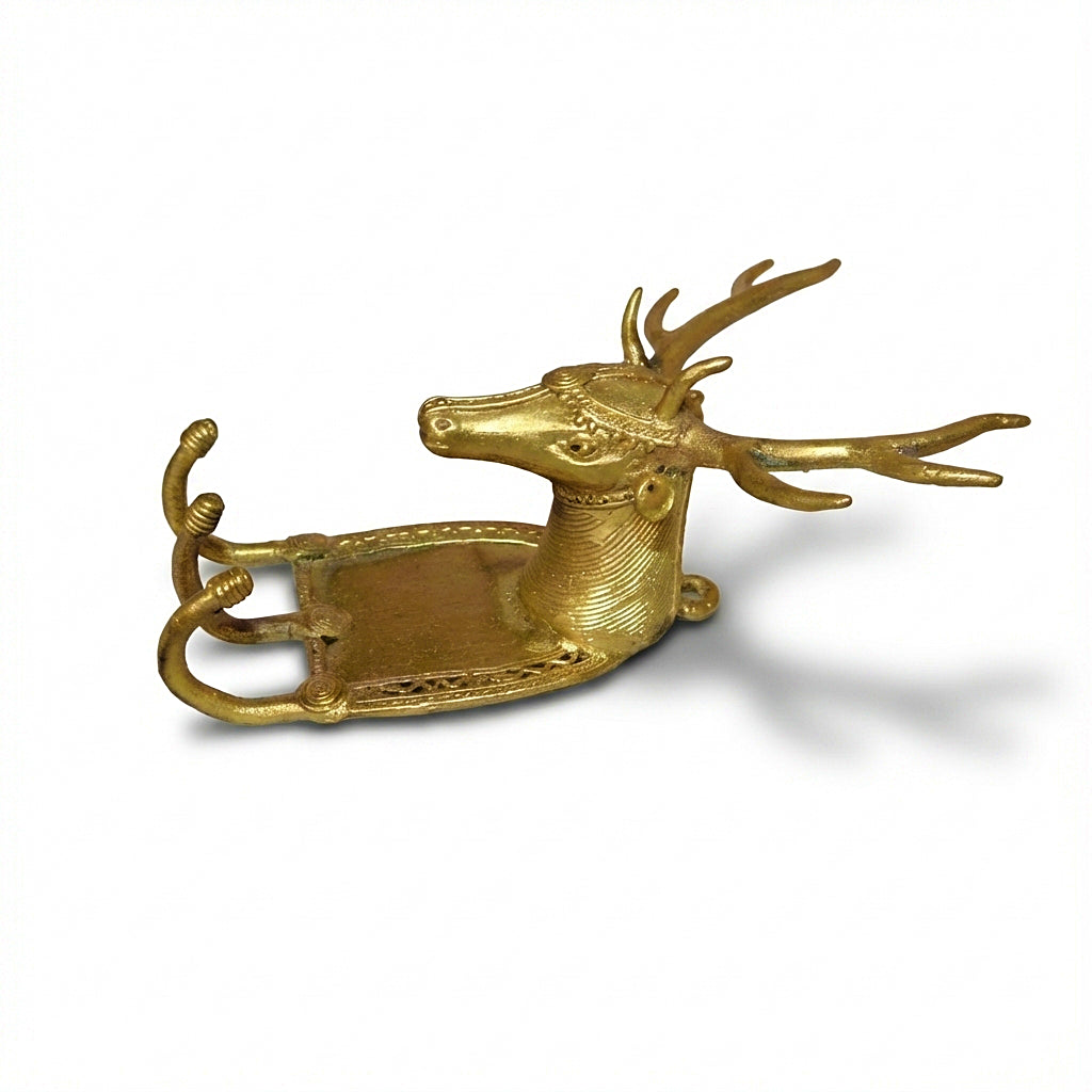 Golden Dhokra Deer Key Hanger | Handmade Bronze Deer Antler Wall Key Holder