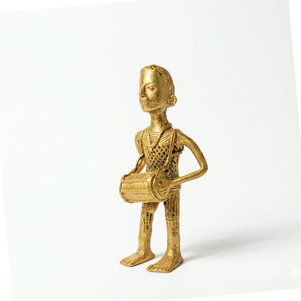 Golden Dhokra Dholak Man Figurine – Handmade Bronze Tribal Drum Musician | Rare Dhokra Metal Art