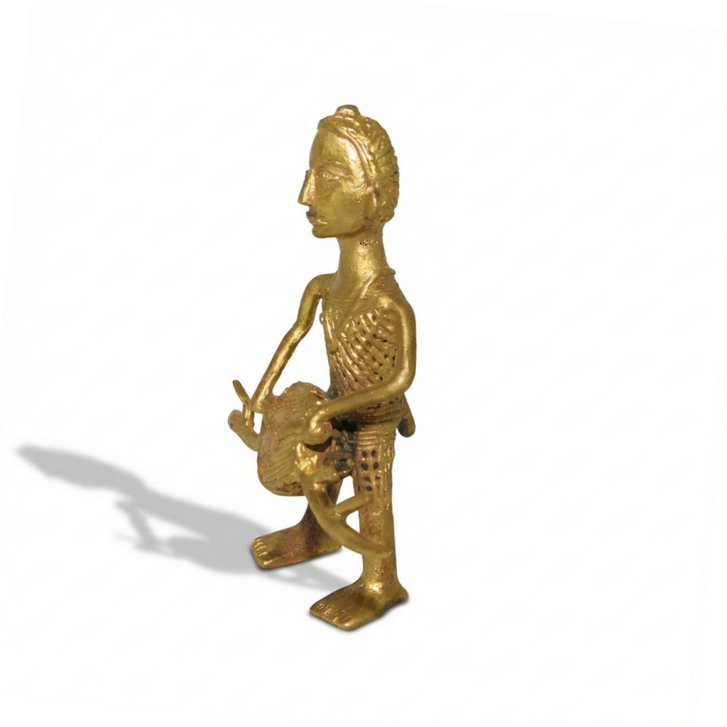 Golden Dhokra Drummer Man Figurine – Handmade Bronze Tribal Dholak Musician | Rare Dhokra Metal Art