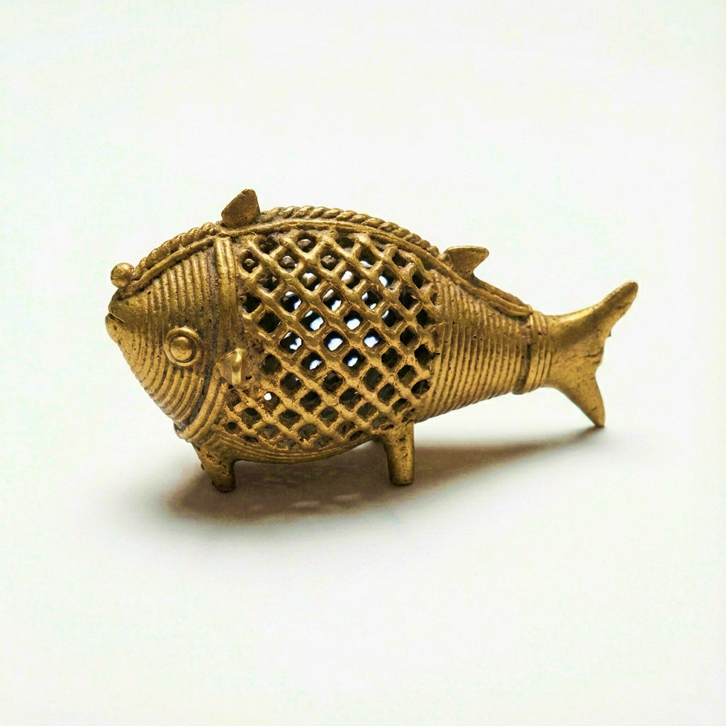 Golden Dhokra Fish Sculpture | Handmade Brass Fish Statue