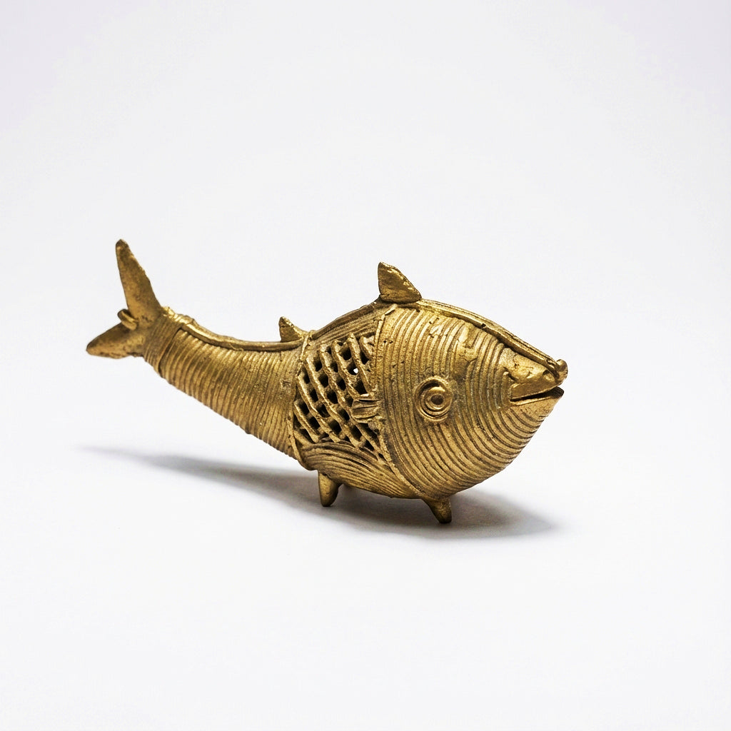 Golden Dhokra Fish Sculpture | Handmade Brass Fish Statue