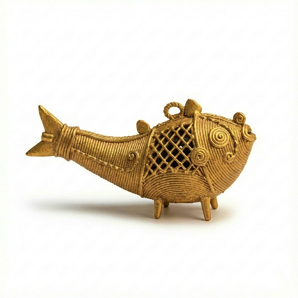 Golden Dhokra Fish Sculpture | Handmade Brass Fish Statue