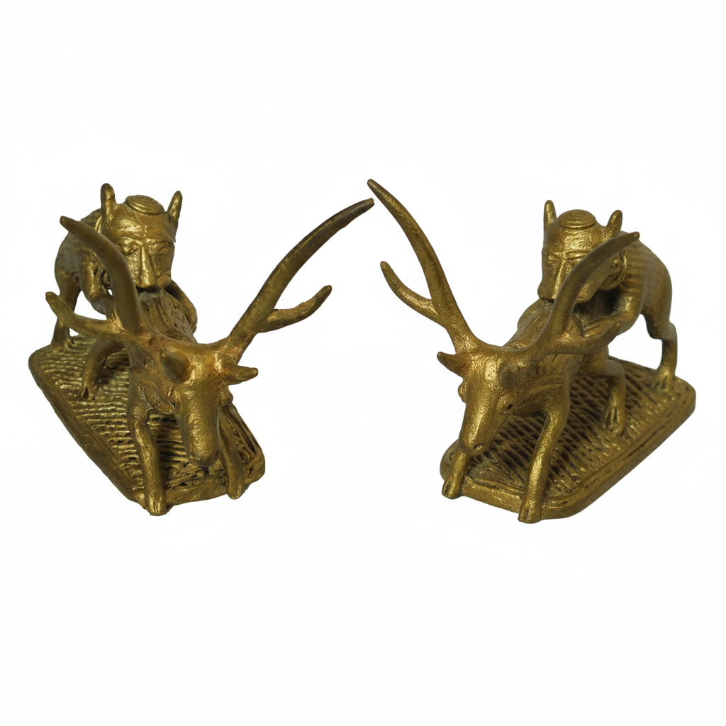 Tiger Hunting Deer Golden Dhokra Craft | Handmade Bronze Wildlife Dhokra Metal Sculpture