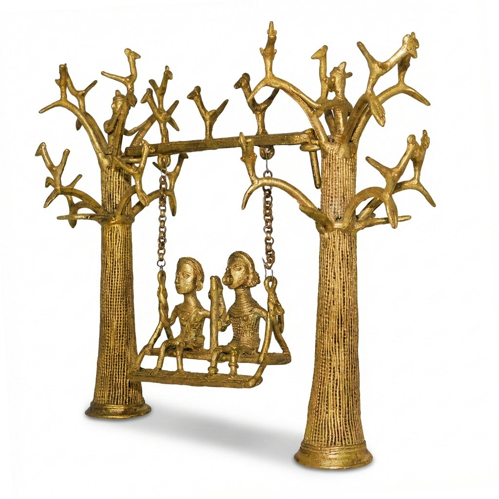 Couple Swing Golden Dhokra Craft | Handmade Bronze Couple Swing Figurine in Dhokra Metal Art
