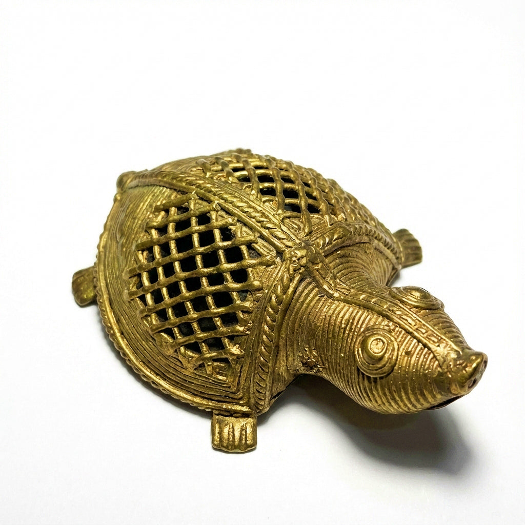 Golden Tortoise Dhokra Craft | Handmade Bronze Metal Tortoise Figurine in Dhokra Art