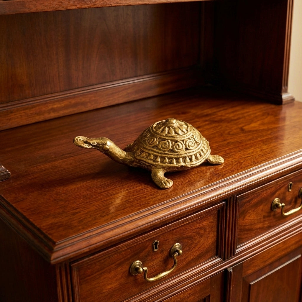 Golden Dhokra Tortoise with Coin | Handmade Turtle Figurine for Good Luck