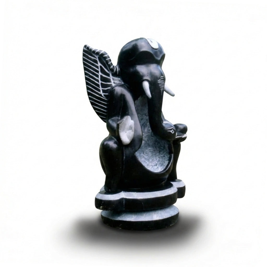 "Eternal Loop" Abstract Ganesha – Khiching Black Granite Sustainable Sculpture for Vastu, High-End Decor & Sacred Spaces | Indie Kaarigari Hand-Carved "Sattva: Sacred"