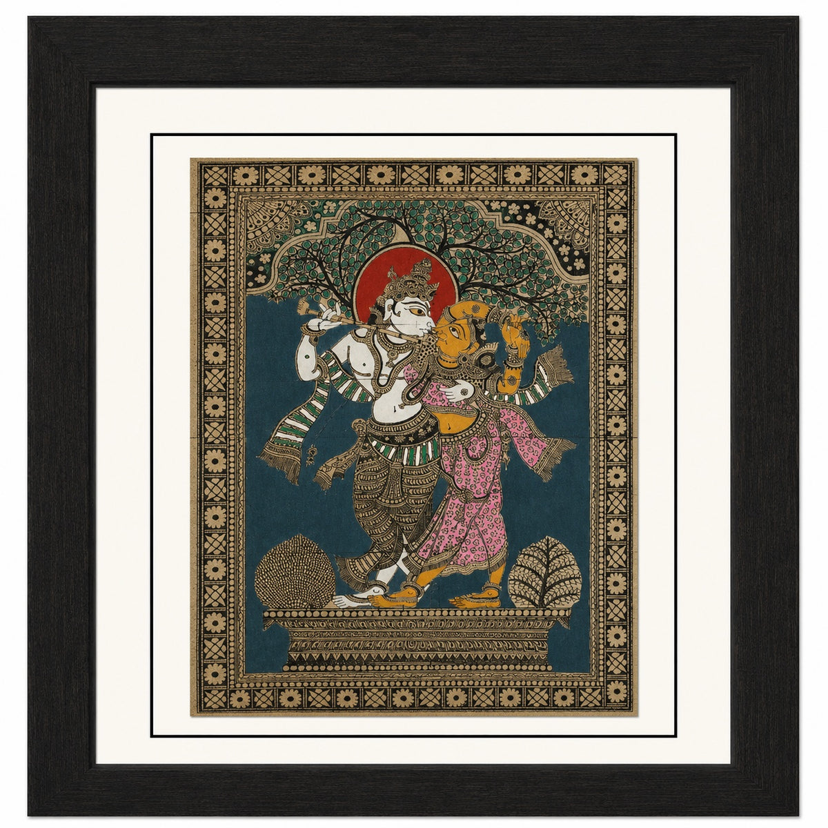 Radha–Krishna Beneath Tree Of Life: Hand-Carved Artwork Using Natural Pigments On Palm-Leaf