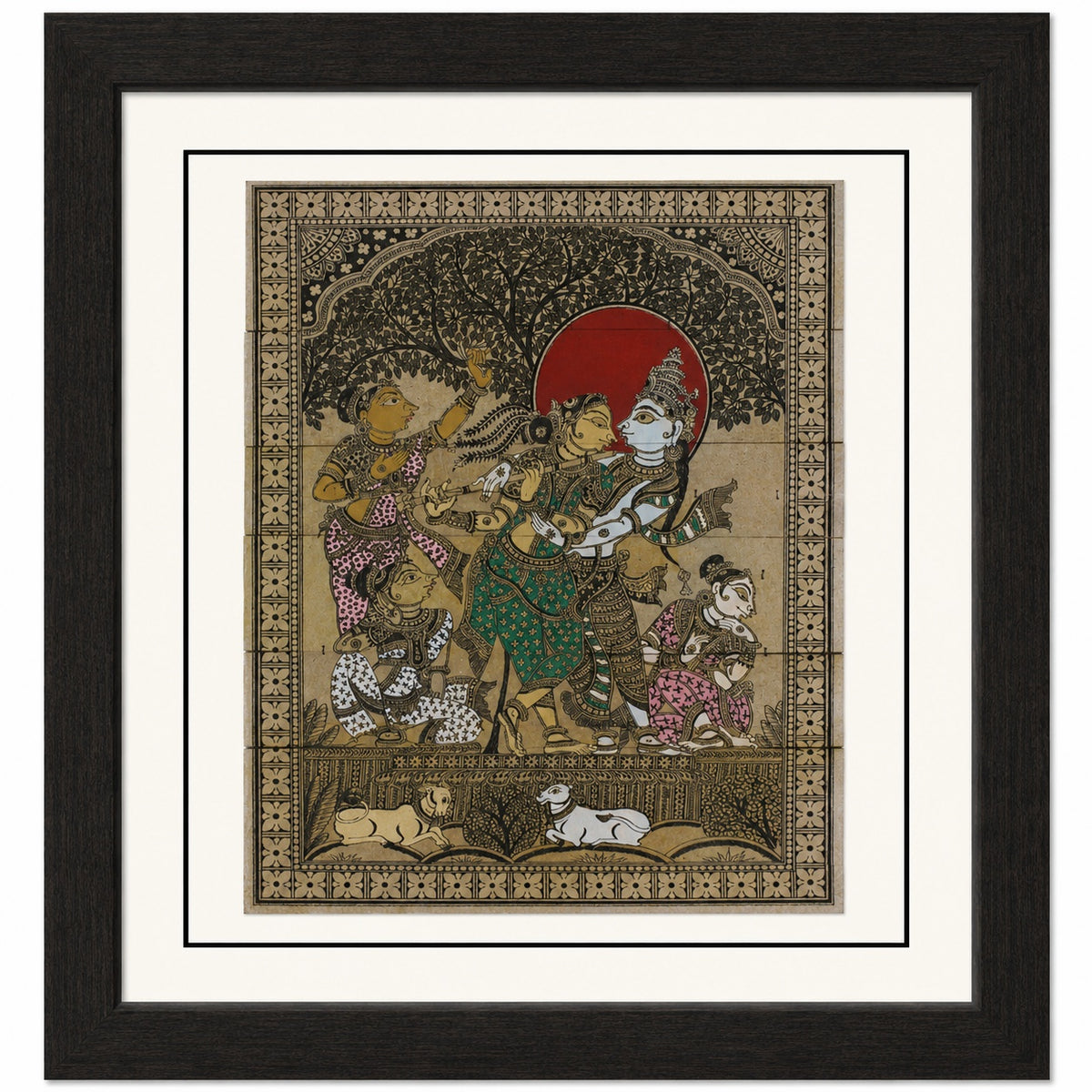 Radha–Krishna with Gopis: Hand-Carved Artwork Using Natural Pigments On Palm-Leaf