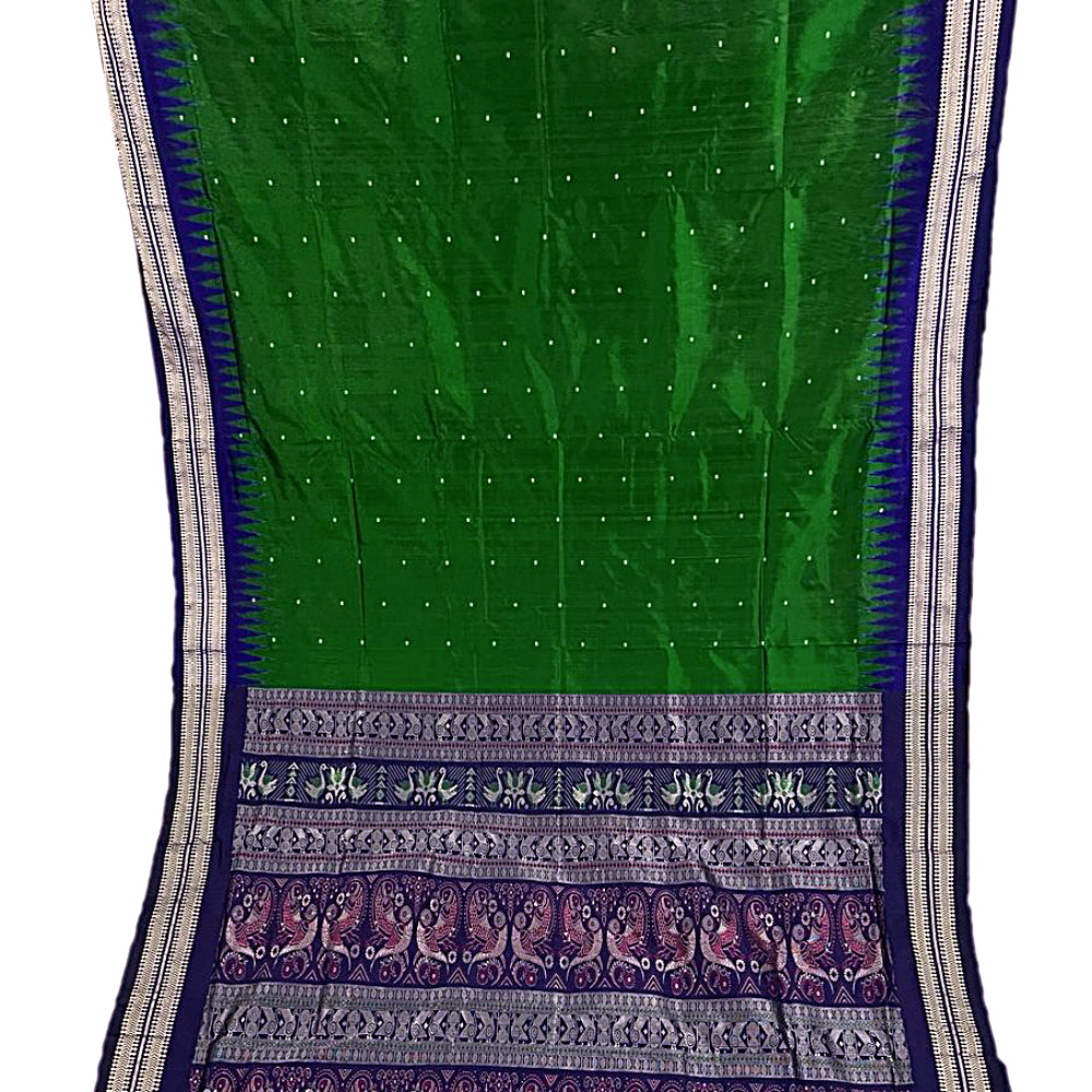 Green & Blue handwoven Bomkai silk saree with blouse-piece