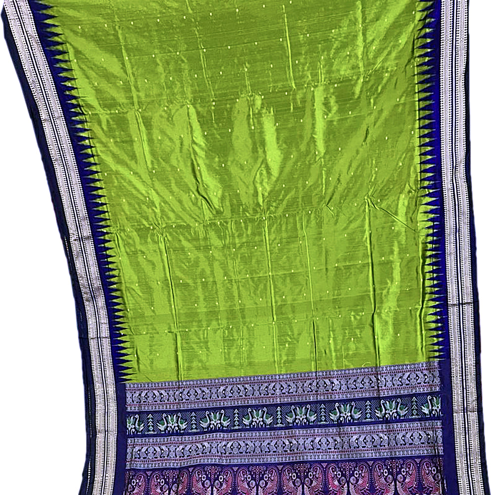 Light-Green & Blue handwoven Bomkai silk saree with blouse-piece