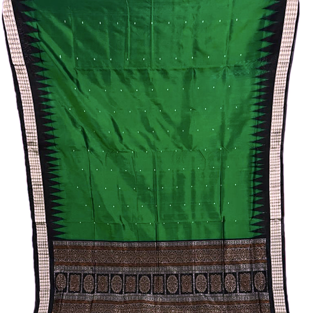 Dark-Green & Black handwoven Bomkai silk saree with blouse-piece