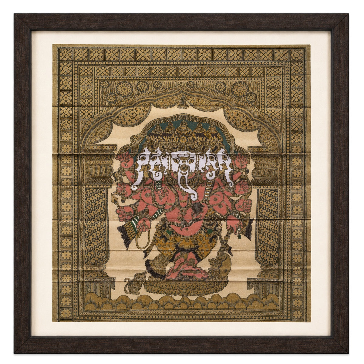 Multi-head Shri Ganesha: Hand-Carved Artwork Using Natural Pigments On Palm-Leaf