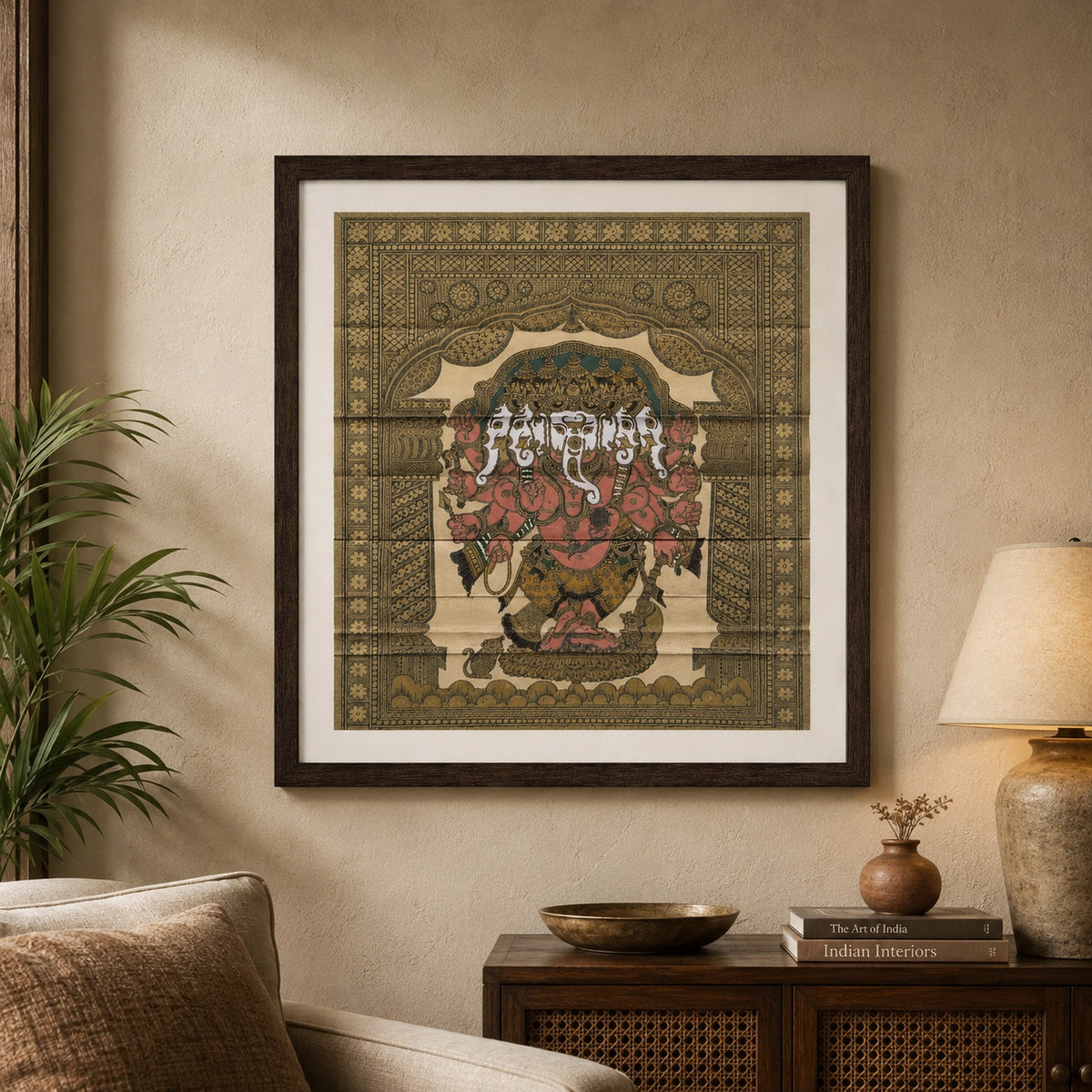 Multi-head Shri Ganesha: Hand-Carved Artwork Using Natural Pigments On Palm-Leaf