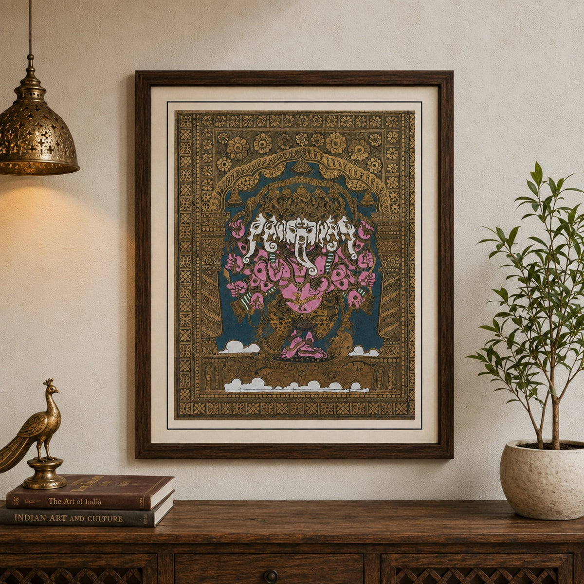 Multi-head Shri Ganesha: Hand-Carved Artwork Using Natural Pigments On Palm-Leaf