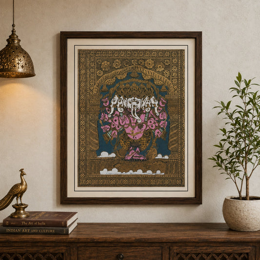 Multi-head Shri Ganesha: Hand-Carved Artwork Using Natural Pigments On Palm-Leaf