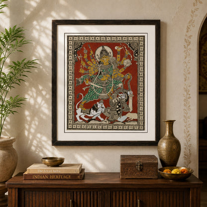 Maa Durga — Mahishasuramardini:  Hand-Carved Artwork Using Natural Pigments On Palm-Leaf