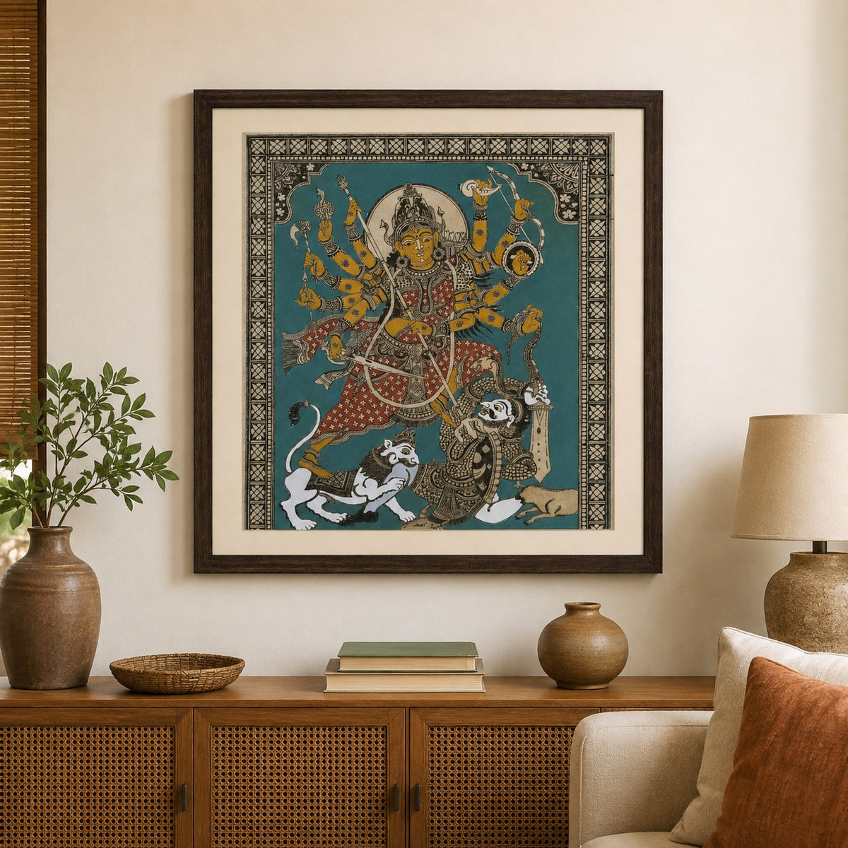 Maa Durga — Mahishasuramardini:  Hand-Carved Artwork Using Natural Pigments On Palm-Leaf