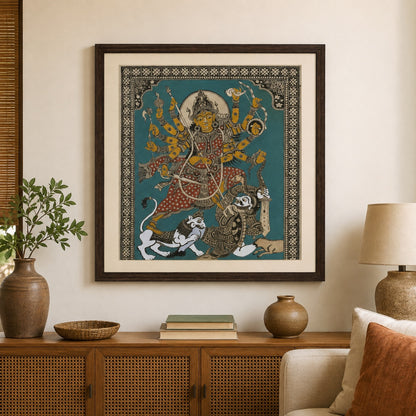 Maa Durga — Mahishasuramardini:  Hand-Carved Artwork Using Natural Pigments On Palm-Leaf