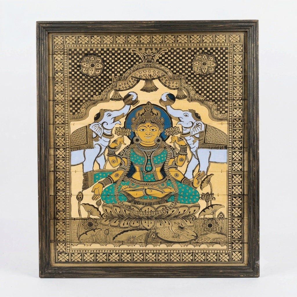 Maa Gaja Lakshmi:  Hand-Carved Artwork Using Natural Pigments On Palm-Leaf