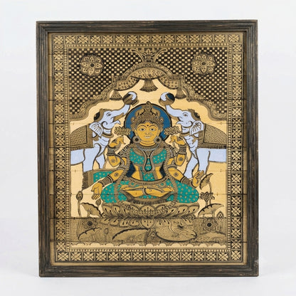 Maa Gaja Lakshmi:  Hand-Carved Artwork Using Natural Pigments On Palm-Leaf