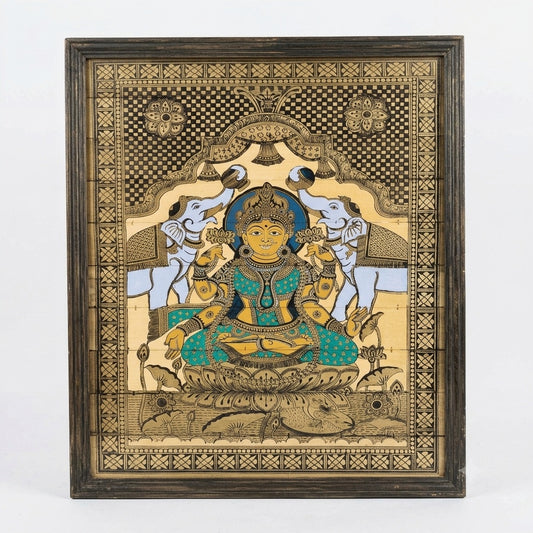 Maa Gaja Lakshmi:  Hand-Carved Artwork Using Natural Pigments On Palm-Leaf