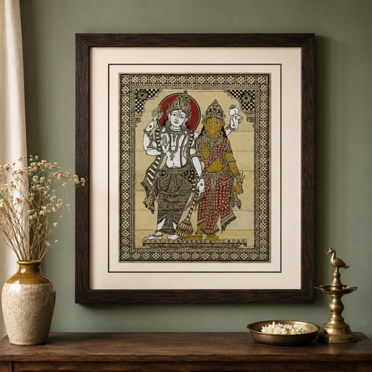 Shiva–Parvati —  Hand-Carved Artwork Using Natural Pigments On Palm-Leaf