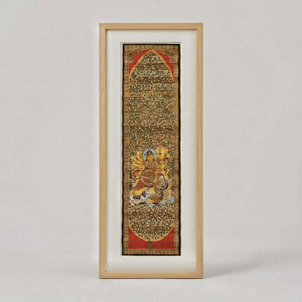 Durga Life Beneath the Tree — Palm-Leaf Pattachitra Scroll