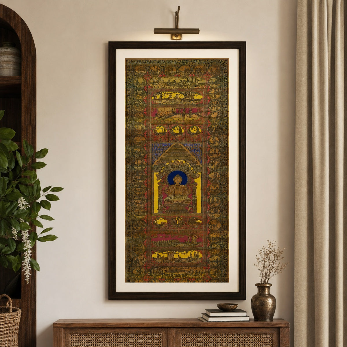 Lord Buddha's Story The Narrative Scroll On Palm-Leaf Hand-Carved With Natural Pigments