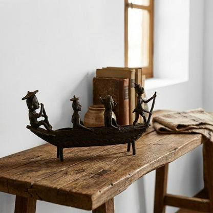 Black Dhokra People Rowing Boat Figurine – Handmade Bronze Boatmen Dhokra Craft