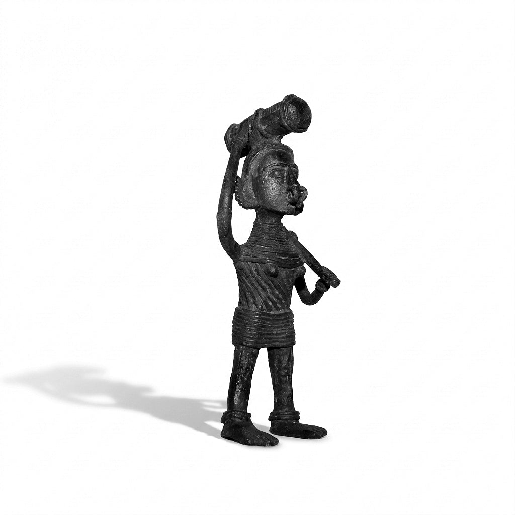 Black Dhokra Tribal Woman Carrying Axe and Wood – Handmade Bronze Dhokra Craft