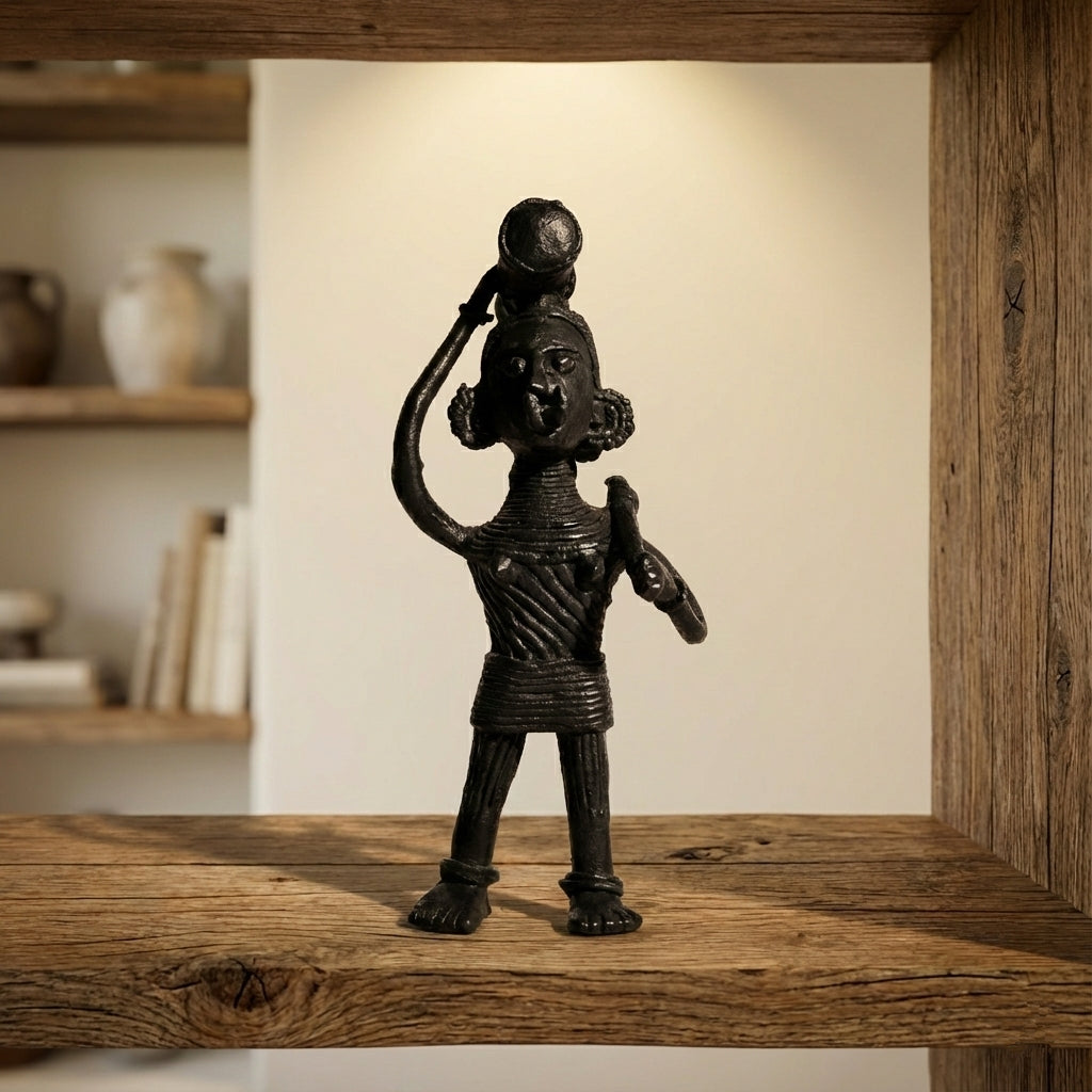 Black Dhokra Tribal Woman Carrying Axe and Wood – Handmade Bronze Dhokra Craft
