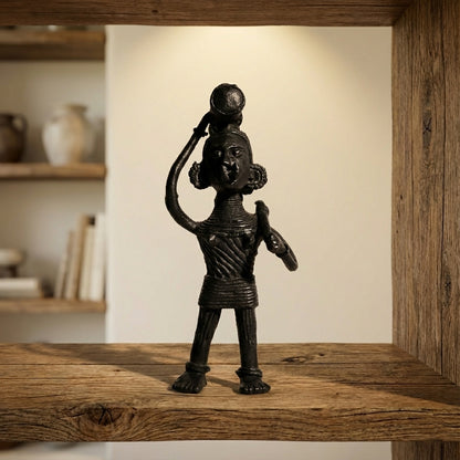 Black Dhokra Tribal Woman Carrying Axe and Wood – Handmade Bronze Dhokra Craft
