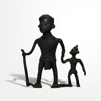 Black Dhokra Tribal Grandfather & Grandson Figurine | Handmade Bronze Family Sculpture