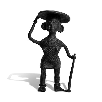 Black Dhokra Old Woman with Hat Figurine – Handmade Bronze Tribal Sculpture | Rare Dhokra Metal Craft from Odisha