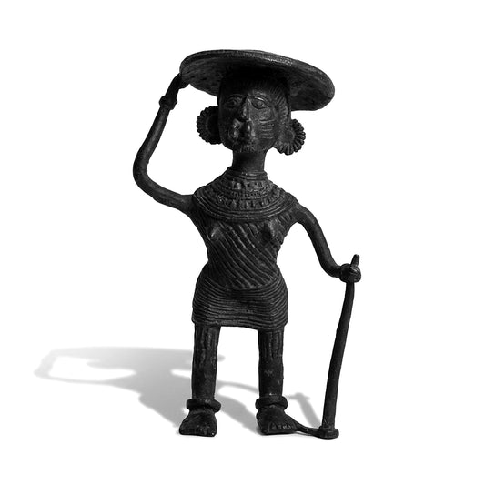 Black Dhokra Old Woman with Hat Figurine – Handmade Bronze Tribal Sculpture | Rare Dhokra Metal Craft from Odisha