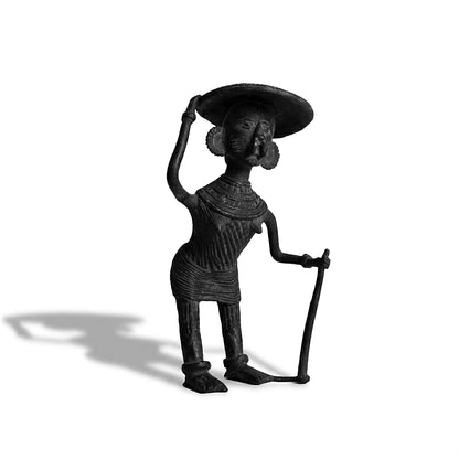 Black Dhokra Old Woman with Hat Figurine – Handmade Bronze Tribal Sculpture | Rare Dhokra Metal Craft from Odisha