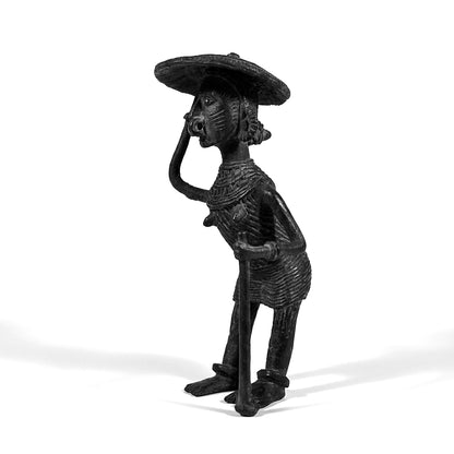 Black Dhokra Old Woman with Hat Figurine – Handmade Bronze Tribal Sculpture | Rare Dhokra Metal Craft from Odisha