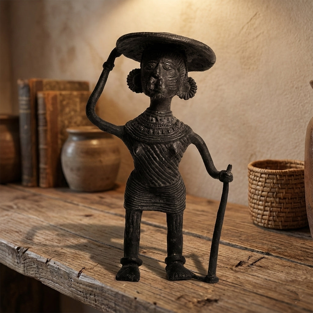 Black Dhokra Old Woman with Hat Figurine – Handmade Bronze Tribal Sculpture | Rare Dhokra Metal Craft from Odisha