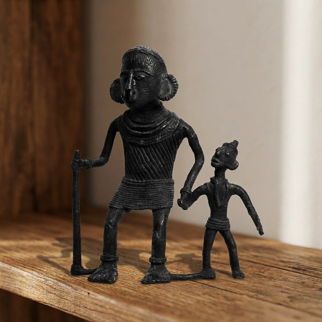 Black Dhokra Grandma & Grandson Figurine | Tribal Bronze Family Bonding Sculpture from Odisha