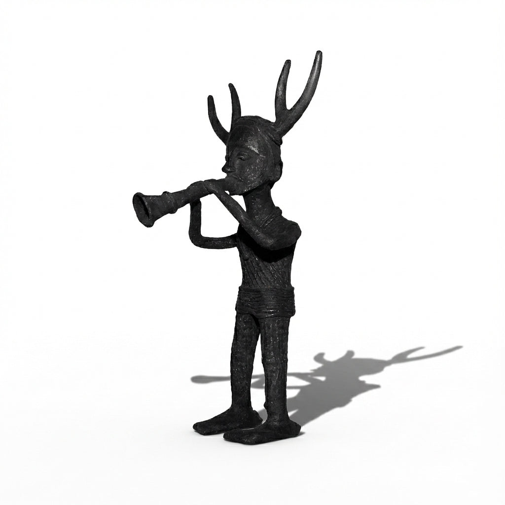 Black Dhokra Trumpet Player Figurine | Tribal Musician Bronze Sculpture
