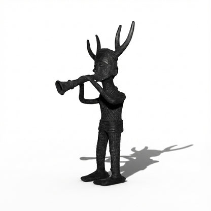 Black Dhokra Trumpet Player Figurine | Tribal Musician Bronze Sculpture