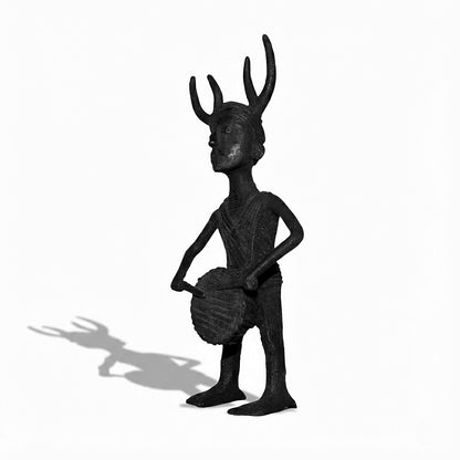 Black Dhokra Tribal Musician Playing Mandar – Handmade Bronze Mandar Drum Figurine from Odisha