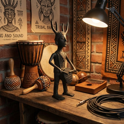 Black Dhokra Tribal Musician Playing Mandar – Handmade Bronze Mandar Drum Figurine from Odisha