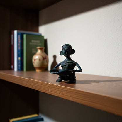 Black Dhokra Tribal Woman with Winnowing Tray – Handmade Bronze Figurine | Rare Black Dhokra Metal Craft